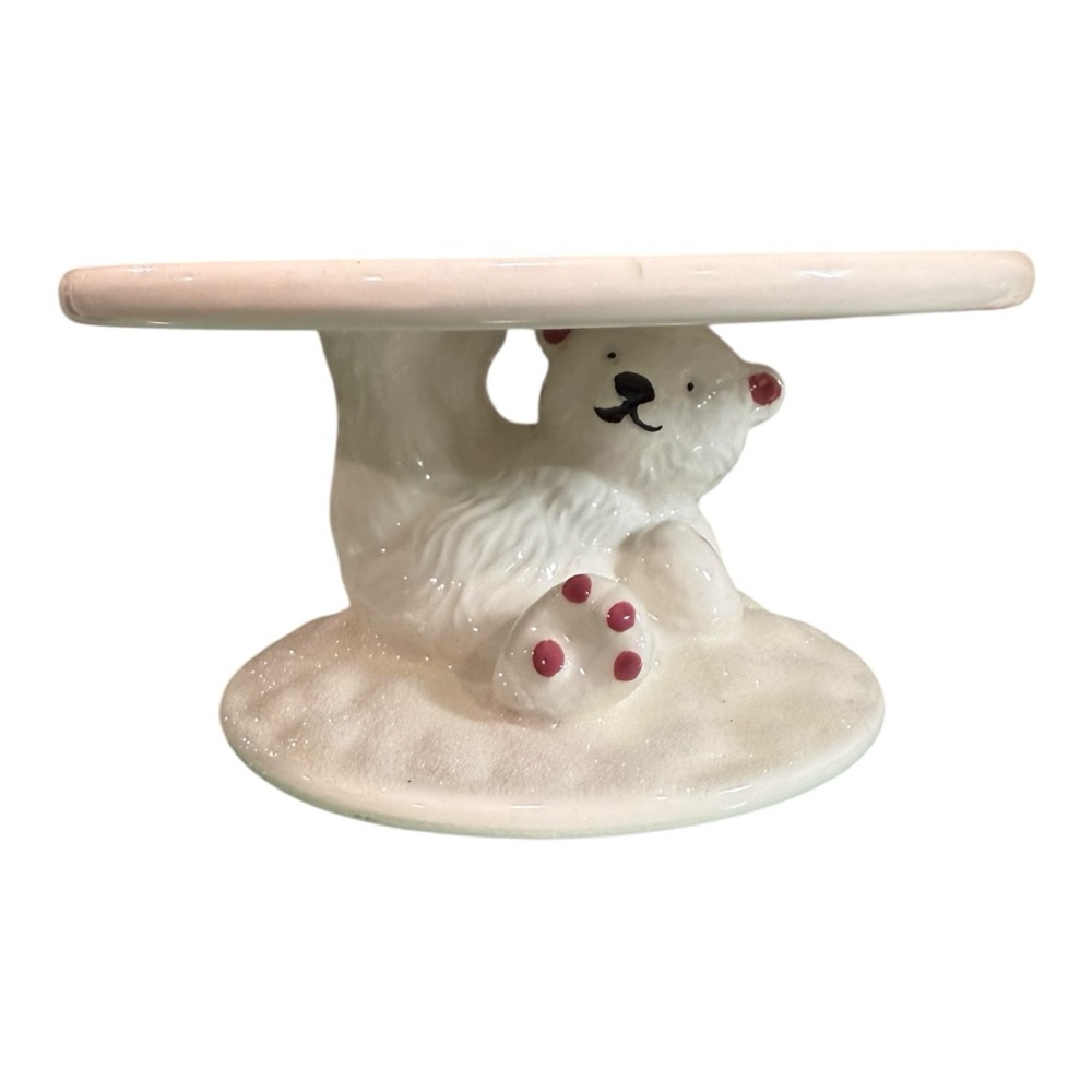PartyLite Beary Merry Pedestal 3-Wick Candle Holder – Ceramic Polar Bear
